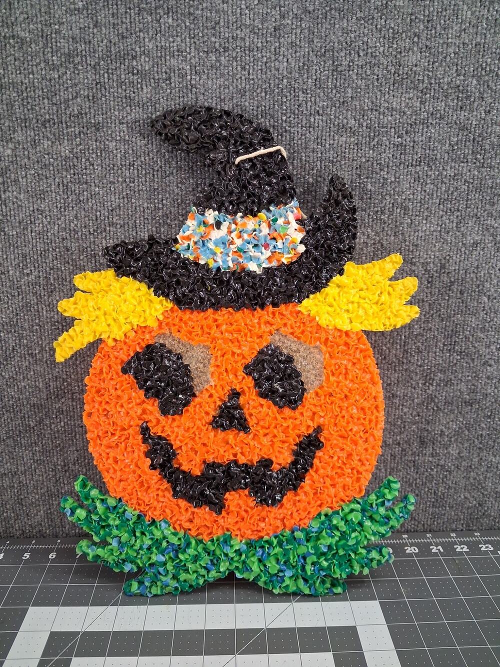 Melted Plastic Popcorn Halloween Pumpkin Decorative Wall Hanging 17x12 Vintage